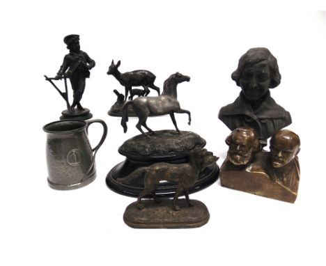 A COLLECTION OF MIXED METALWARE SCULPTURES AND GROUPS  including a double bust of Marx & Lenin, three animalier groups etc., 