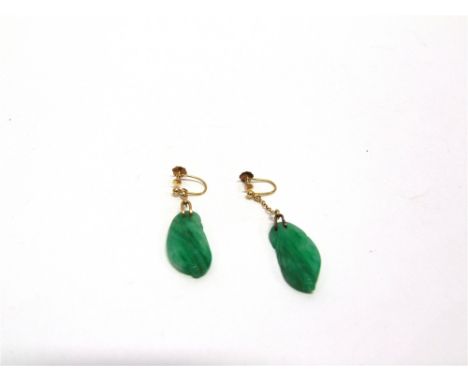 A PAIR OF JADE DROP EARRINGS  carved as peaches, chain suspension to a screw fitting, stamped '9ct'