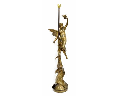 French Art Deco figural lamp, modelled with an angel over a slender foliate cast base with banner inscribed 'Bunsen-Volta Fou