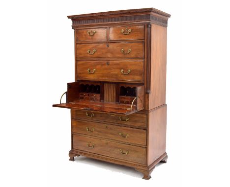 Attractive George III mahogany inlaid secrétaire tallboy, the upper part with carved dentil cornice and fluted frieze over tw