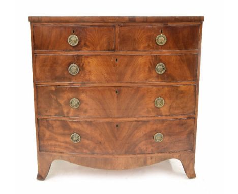 19th century mahogany bow fronted chest of drawers, the crossbanded top over two short and three long drawers supported upon 