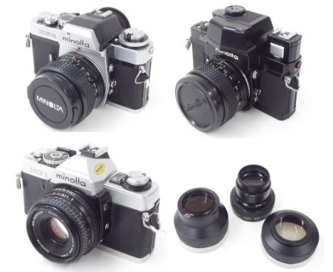 Minolta XE-1 camera; together with a Minolta XG1 and Minolta XM. also assorted lenses and accessories including a 1:2.8 135mm