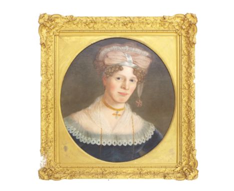 English School (19th century) - portrait of a lady, head and shoulders wearing a blue dress with lace accessories, also weari