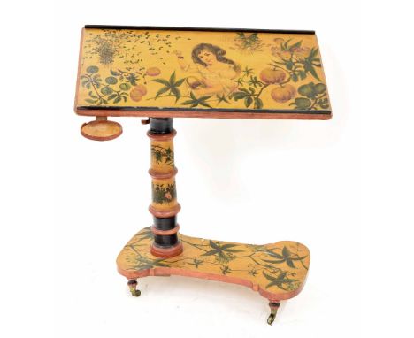 Attractive painted adjustable bedside reading table, the rectangular ledge painted with a young girl picking fruit in a garde