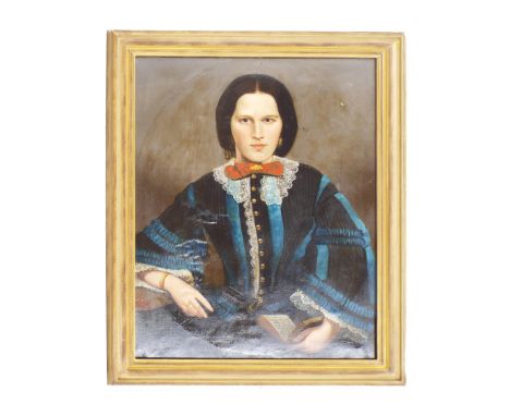 English School (19th/20th century) - portrait of a lady half length wearing a brown and blue dress trimmed with lace and hold