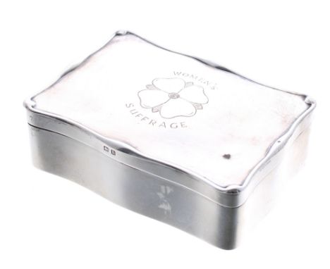 Shepheard &amp; Co. silver serpentine trinket box, the hinged cover inscribed 'Womens Suffrage',  enclosing felt cushioned in