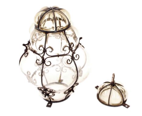 Italian metal caged blown glass lantern, 13" high