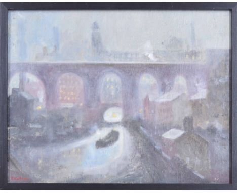 David Barrow (Atherton (b.1959)) - scene in Stockport with a bridge over a canal, on which is sailing a barge under a moonlit