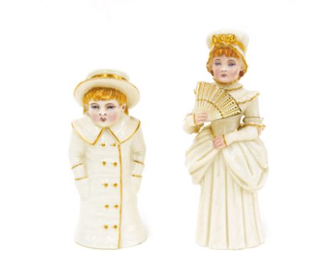 Two Royal Worcester figural porcelain candle snuffers; Town girl with fan, gilt highlighted, 5" high, and boy with boater, 4"