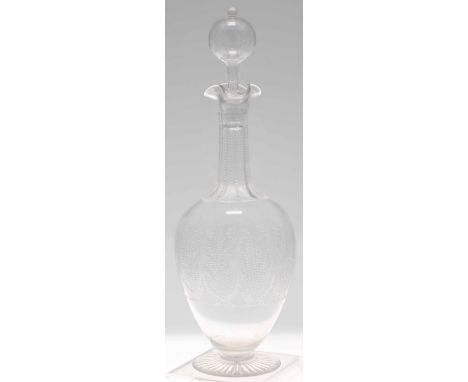 19th century 'shaft &amp; globe' form glass decanter, decorated with a band of flowers and foliage, 13" high