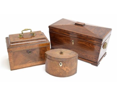 Victorian rosewood sarcophagus tea caddy, 12" wide, 6" deep, 7.5" high; Georgian mahogany inlaid  rectangular caddy and a mar