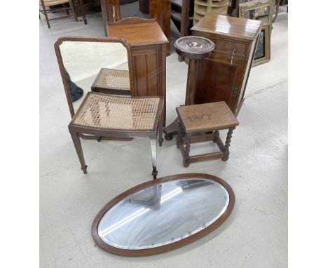 Two early 19th century square bedside pot cupboards, two wall mirrors, two stools and a plant stand (7)