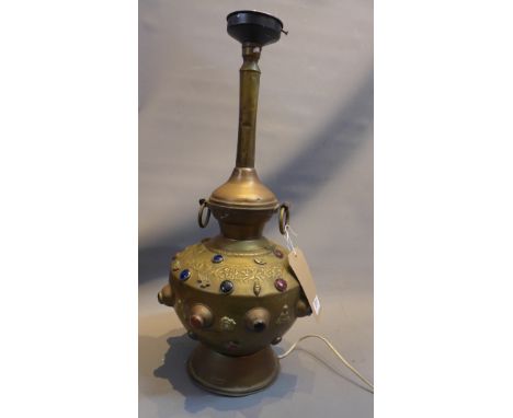 A 20th Century Tibetan brass table lamp inset wit various stones, H:56cm