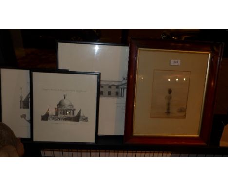 A small watercolour of a young boy looking out to sea together with three architectural  prints.