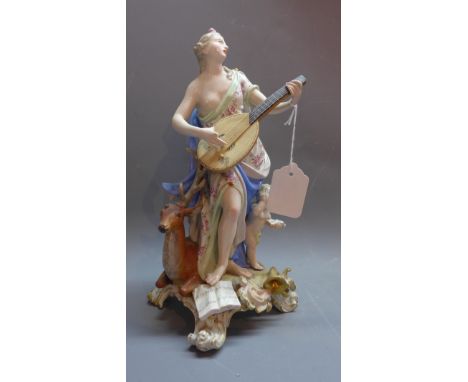 A 19th Century Meissen porcelain figural group of a maiden playing the lute, a deer and a young boy. (a/f). H-29cm 