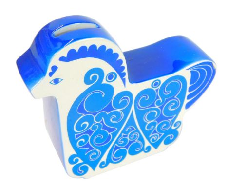 A Carltonware pottery horse money box, with blue transfer decoration, impressed number 2923 to the foot, 14.5cm high. 