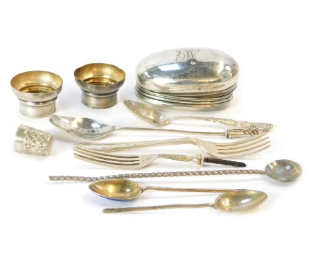 A group of small silver, to include dressing table bottle lids, thimble, enamelled coffee spoons, flatware, etc., weighable s