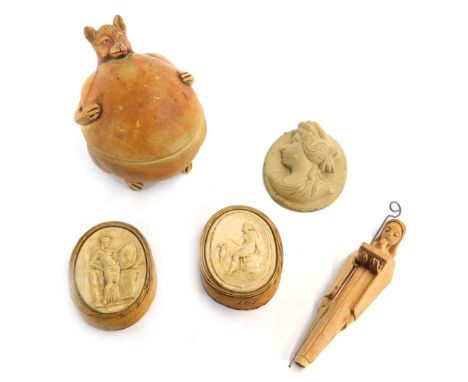 Two 19thC Grand Tour Neo Classical plaster cameos, together with an oval lava cameo, ceramic trinket box modelled as a well f