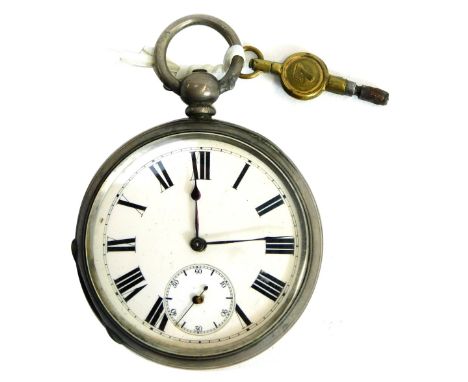 A late 19thC gentleman's pocket watch, open faced, key wind, circular enamel dial bearing Roman numerals, subsidiary seconds 