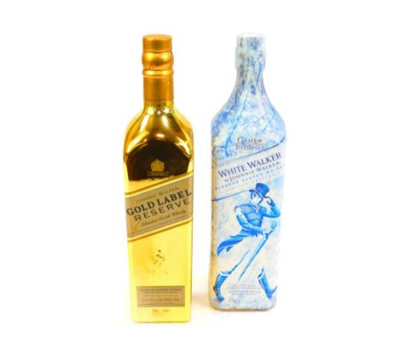 A bottle of Johnnie Walker Gold Label Reserve Blended Scotch Whisky, with a bottle of White Walker by Johnnie Walker Game of 