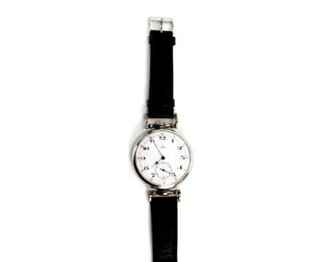 An early 20thC Omega pocket watch wristwatch, open faced, keyless wind, circular enamel dial bearing Arabic numerals, subsidi