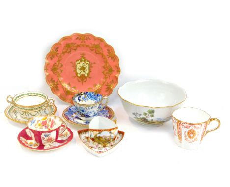 A group of 19thC porcelain, to include a Dresden teacup and saucer, of rounded triangular form decorated with reserves depict