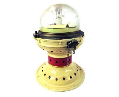 An early 20thC GWR cast iron station lamp, converted to a table lamp, with a hinged glass dome cover, marked for J. Chater an