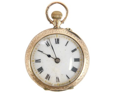 A Continental lady's 12ct gold cased pocket watch, open faced, keyless wind, with elaborate floral scroll case, and enamel de