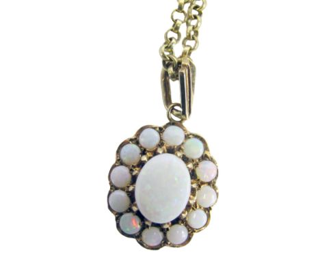 A 9ct gold and opal floral pendant and chain, the oval pendant set with an arrangement of oval and round cut stones in a claw