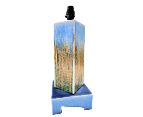 A Ruskin pottery drip glazed table lamp, of square sectional form and having an abstract square base, inscribed mark to under