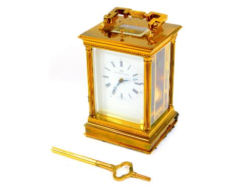 A late 20thC Matthew Norman brass cased repeater carriage clock, rectangular dial bearing Roman numerals, eleven jewelled twi