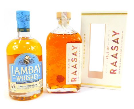 A bottle of Lambay Small Batch Blended Irish Whiskey, together with a bottle of Isle of Raasay Hebridean Single Malt Scotch W