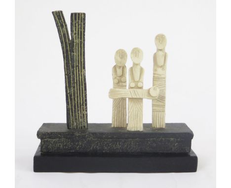 John Maltby (1936-2020), 'Family group and Tree'  a stoneware sculpture, mounted on a plinth base, signed to the underside of