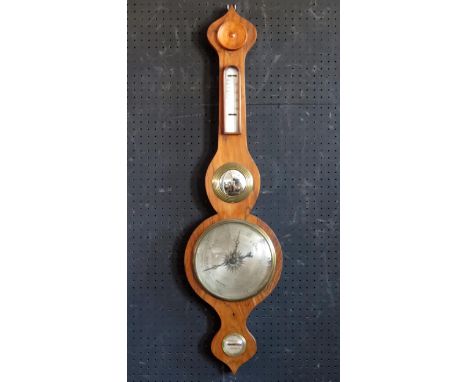 A 19th century rosewood wheel barometer, the case with onion top, thermometer scale (lacks thermometer), convex mirror, 20cm 