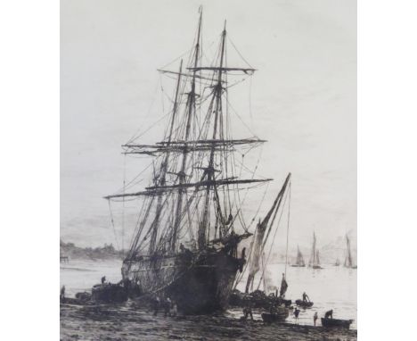 William Lionel Wylie RA (1851 - 1931) renowned English maritime painter, pencil signed etching of a ship being unloaded, with