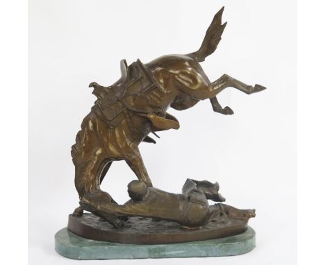 After Frederic Remington, bronze study 'Wicked Pony', pony with fallen rider on a naturalistic base, signed Frederic Remingto