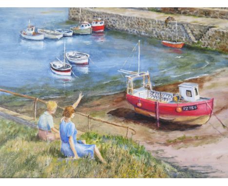 John Garnett (twentieth century west country artist),  'A day at Newlyn' 2004, oil on board depicting a sunny day at Newlyn h