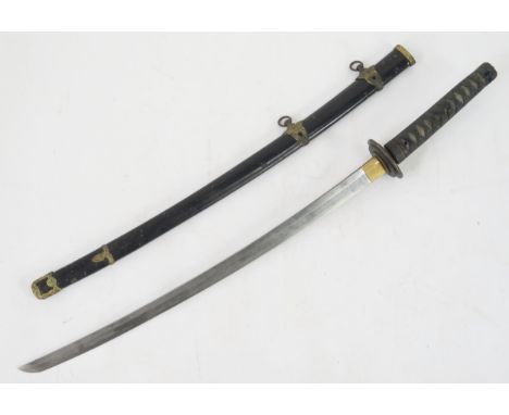 A Japanese katana, with 63cm signed blade, with plain oval tsuba, fish skin and cord bound tsuka with bronze menuki, containe
