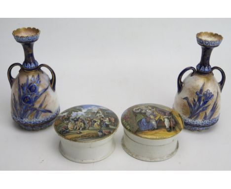 Two 19th century Prattware pot lids 'Uncle Toby' and 'The Village Wedding', together with a pair of Doulton vases with blue a