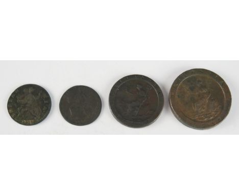 A George III 1797 Cartwheel Twopence, 1797 penny, 1773 half penny and 1775 half penny