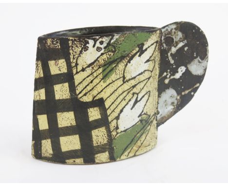 John Maltby (1936-2020) a stoneware mug, of narrow elongated form, painted with abstract panels of flowers, in colours, paint