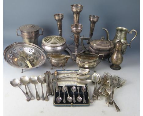 A collection of plated wares including three-branch epergne, Ice bucket, flatwares, tea service etc.