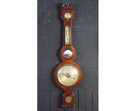 P. Courti, Exeter, a rosewood wheel barometer, with broken swan neck pediment with hygrometer, thermometer, convex mirror, 20