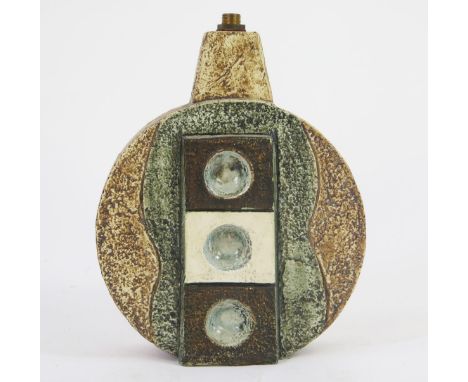 Troika pottery wheel table lamp base, with textured brown ground &amp; embossed domino &amp; mask designs to either side, bro