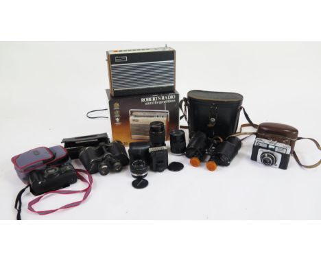 Vintage Camera, Binocular &amp; Radio Group including Sony Walkman, Roberts radio, Olympus, Vivitar, Olympus, etc.