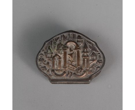 Small snuff box in cartouched shape. Chased ornaments. Remains of Silvering. Mid of 18th century. 6 x 7 cm.