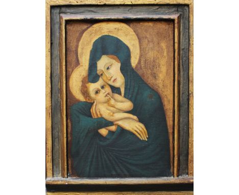 Umbrian Master in Renaissance manner , Madonna with child, oil on wooden panel, in integrated wooden frame, partly gilted, on