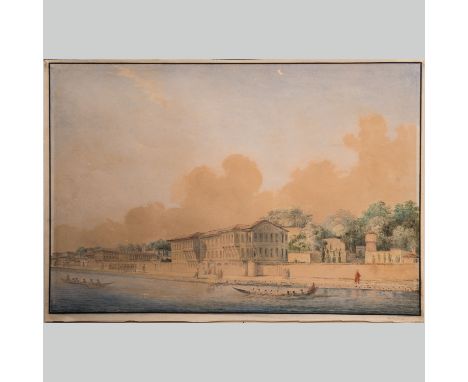 Ottoman Artist first half 19th Century, Palace with houses soldiers and orientals at the Bosphorus , signed bottom right, ( u