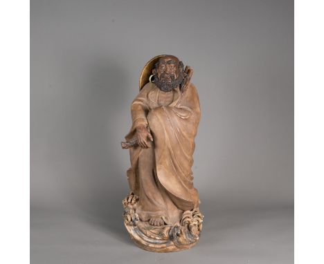 Large asian ceramic sculpture. Hand sculpted partly coloured and glaced. Around 1900. 70 cm height.