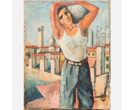 Primo Conti ( 1900-1988)-attributed, portrait of a worker in front of a town, signed bottom left, 90 x 70 cm